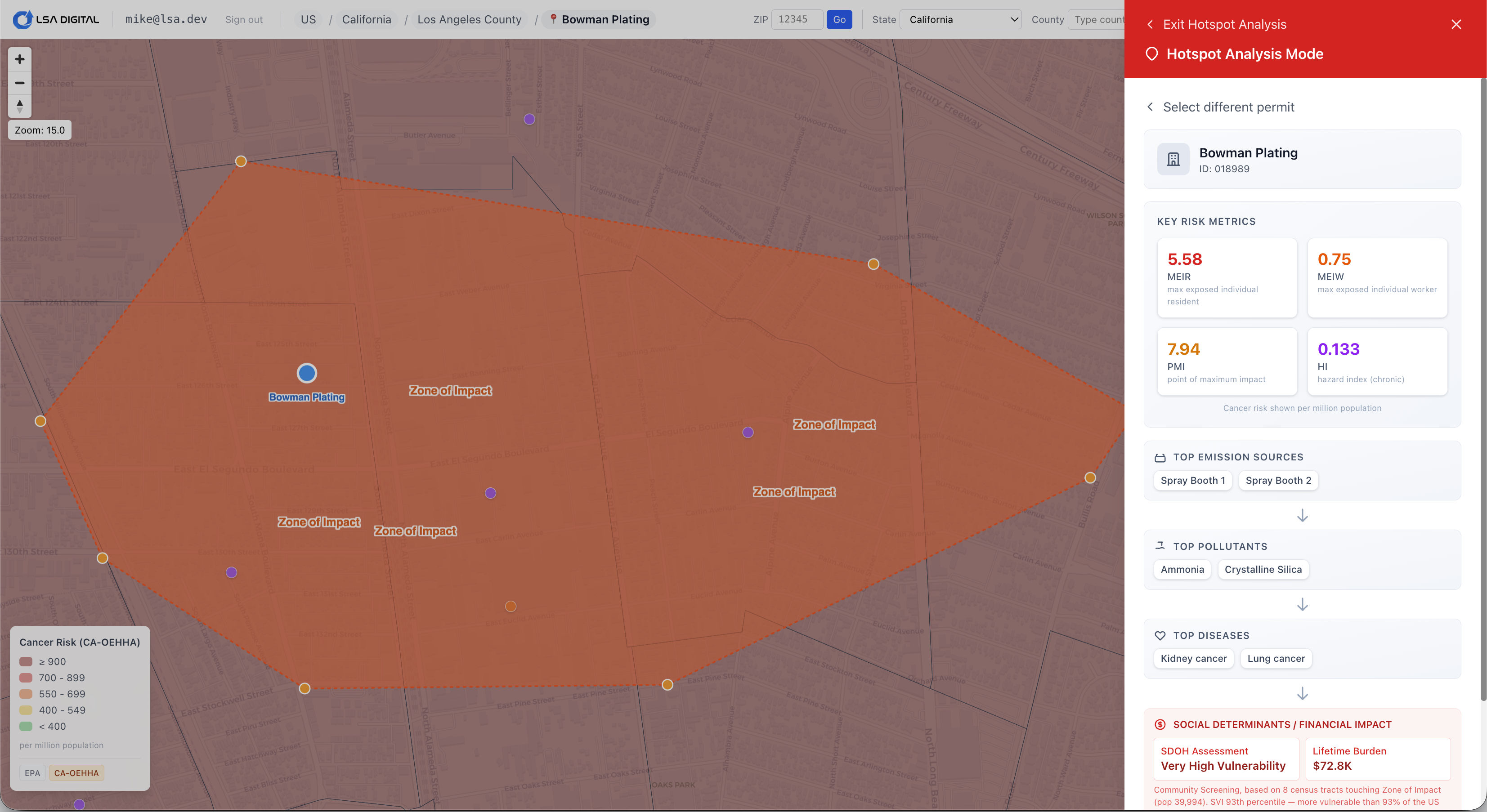Bowman Plating permit zone of impact showing cancer risk heat map, key risk metrics, emission sources, and social determinants